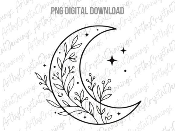 Download Floral Crescent Moon Line Art PNG - Premium Resources