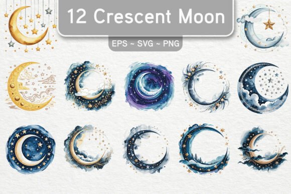 Download Watercolor Crescent Moon Clipart Bundle - Crescent moon Collection