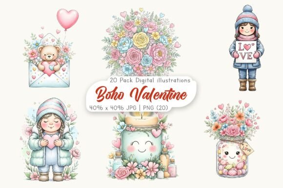 Download Whimsical Boho Valentine Clipart - Boho valentine Collection